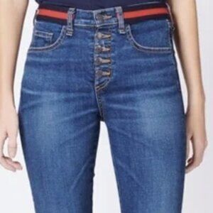 Veronica Beard Carolyn Stripe Waisband Cropped Baby Boot Jeans Blue Tidal